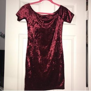 Burgundy velvet off the shoulder dress